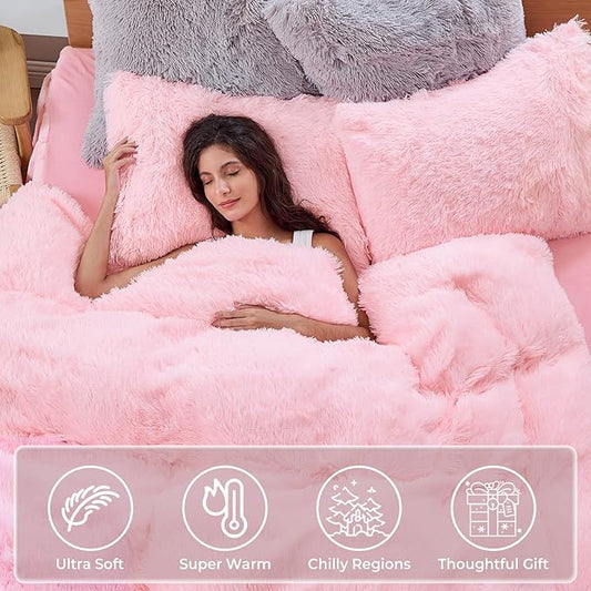 Sasttie 3-Piece Fluffy Duvet Cover Full, Ultra Soft Faux Fur and Velvet Pink Comforter Cover, Luxury Fuzzy Bedding Sets for Winter Bed, Includes 1 Duvet Cover and 2 Pillowcases, No Comforter