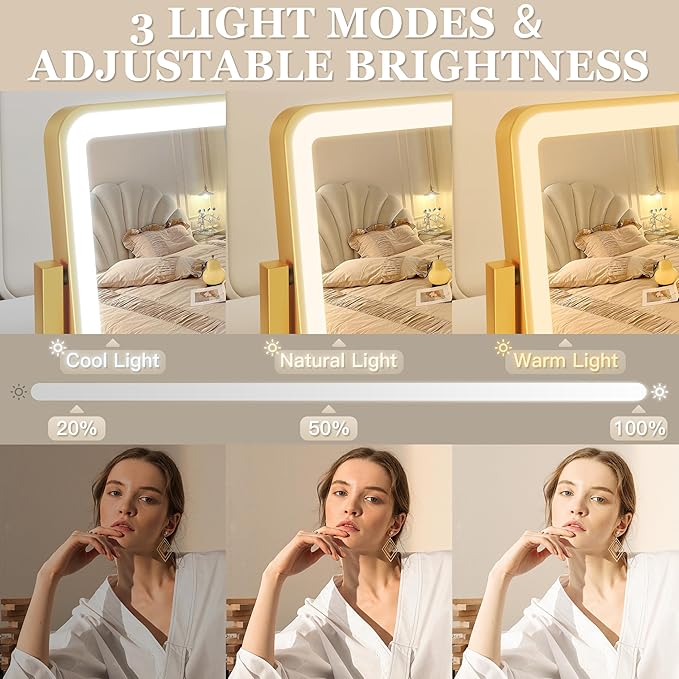 ROLOVE Gold Vanity Mirror with Lights, 14"×12" LED Makeup Mirror, Lighted Makeup Mirror with Lights, Smart Touch Control 3 Colors Dimmable, Lighted Up Mirror for Makeup Desk, 360° Rotation