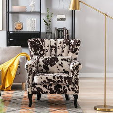 Cow Print Accent Chair Modern Velvet Armchair Tufted Wingback Club Chair Single Sofa Lounge Side Chair with Pillow for Living Room Bedroom, Cow