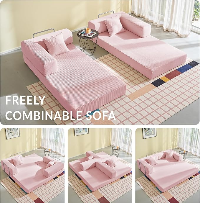 YINIX Foldable Sofa Bed, 62'' Folding Floor Couch, Compressed Convertable Sleeper Sofa, Memory Foam Couch with Pillow Back Support Armrest, 4-in-1 Futon Sofa Bed for Living Room, Pink