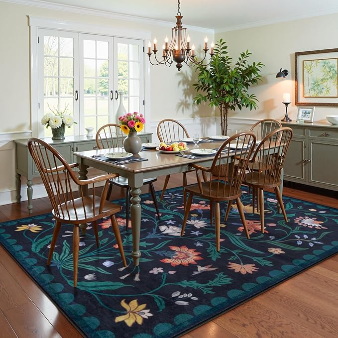 Lahome Boho Floral Washable Dark Blue 6x9 Area Rugs for Living Room, Non Slip Rugs for Bedroom, Indoor Throw Dining Room Carpet for Under Table Home Office Playroom (Dark Blue,6x9ft)