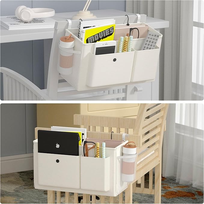 Bedside Caddy Bedside Organizer with Fixed Straps & Water Bottle Holder, Bunk Bed Caddy ideal for Home, Dorm, Hospital, Crib, Versatile Bedside Storage Solution (White 2pcs)