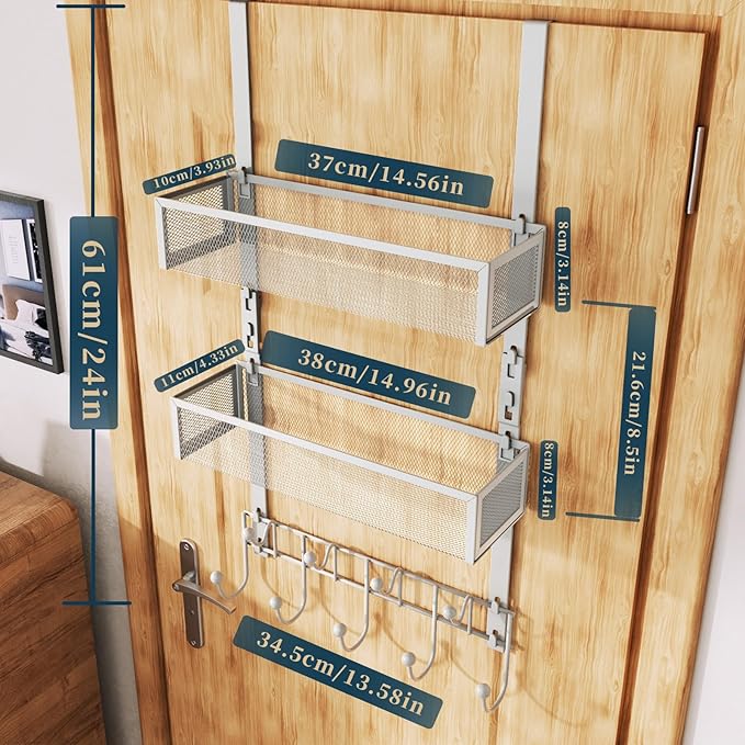 Consumest Over The Door Hooks Organizer - Extra Long Door Hanger with 9 Coat Hooks & 2 Mesh Basket, Back Storage Organizer Hanging Towels for Bathroom, Bedroom, Silver (for 1.76 in Doors)
