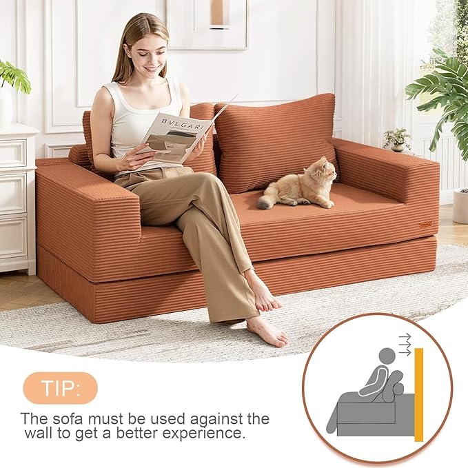 COMAX Convertible Sofa Bed Queen, Corduroy Folding Floor Couch Pull Out Couch Bed Futon Sleeper with Pillows, Fold Out Boneless Sofa Comfy Lounge Mattress Loveseat for Living Room Bedroom