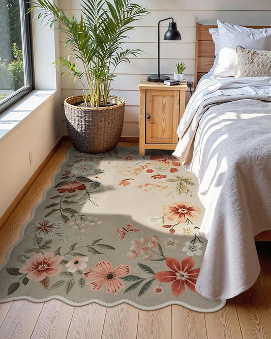 Lahome Floral Machine Washable Rug, 3x5 Rug Non Slip Soft Bedroom Rugs for Entryway Dorm, Ultra-Thin Boho Rugs for Living Room Stain Resistan Throw Carpet for Nursery Entrance,Brown