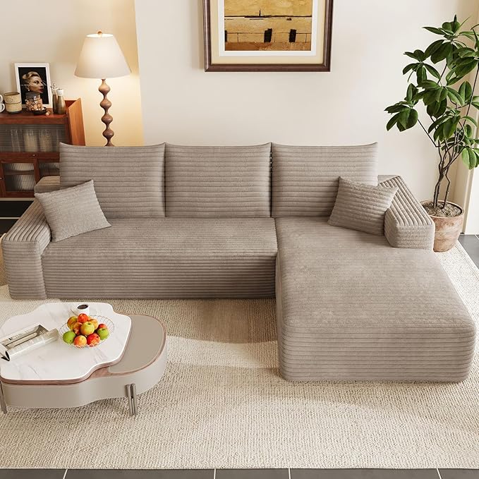 95" Modular Sectional Couch, Boneless L Shaped Cloud Sofa with Chaise Lounge, Corduroy Upholstered Couches Memory Foam Deep Seat, No Assembly Required, Ideal for Living Room(Camel, Right Facing)