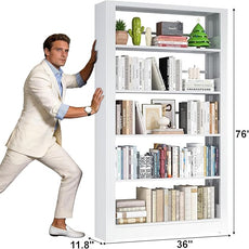 Metal Bookshelf, 5 Tier Bookshelf with Adjustable Shelves, White Bookshelf, Heavy Duty 69” Tall Bookcase, Large Book Case Book Shelf for Bedroom, Living Room, Office, Library