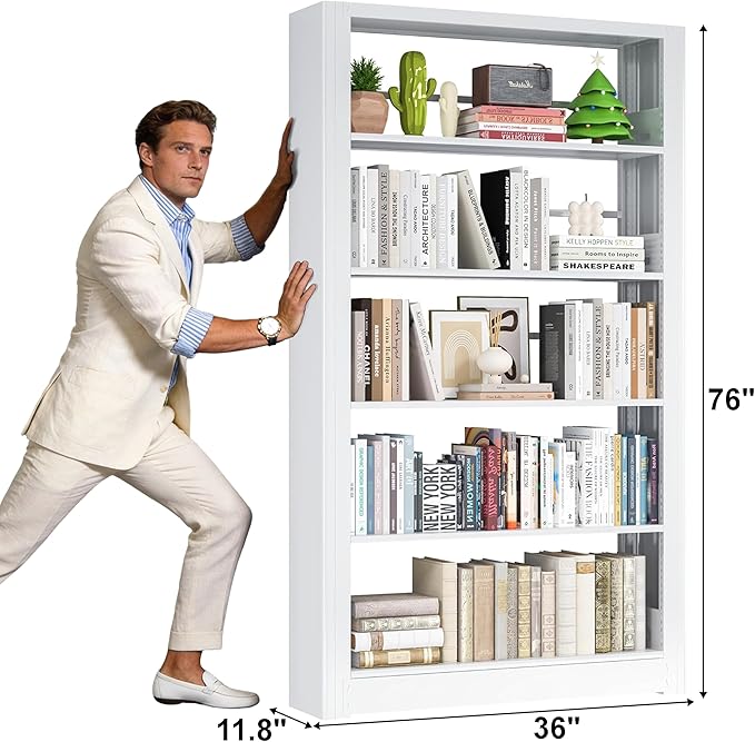 Metal Bookshelf, 5 Tier Bookshelf with Adjustable Shelves, White Bookshelf, Heavy Duty 69” Tall Bookcase, Large Book Case Book Shelf for Bedroom, Living Room, Office, Library