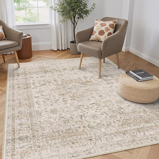 4x6 Washable Beige Area Rug Vintage Entryway Office Carpet Non-Slip Soft Low Pile Distressed Indoor Throw Rug for Living Room Bathroom Dining Room