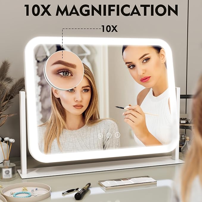 ROLOVE Lighted Makeup Mirror, 17"x13" Vanity Mirror with Lights, 10X Magnification, Gifts for Women, 3 Color Lighting Modes, Smart Touch Control, 360° Rotation for Bedroom or Tabletop (White)