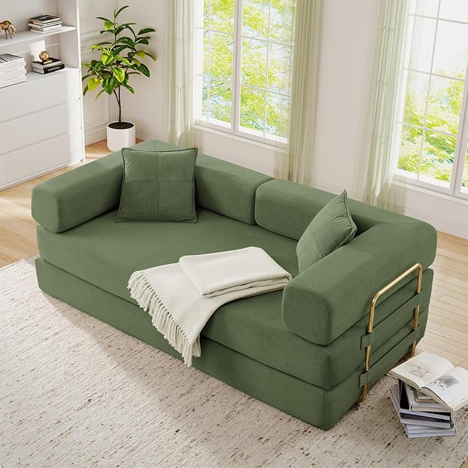 Antetek Convertible Futon Sofa Bed, 3-Seater Modern Corduroy Foam Floor King Size Bed Fold Out Sleeper Lounge Loveseat Sofa Couch with 2 Throw Pillows for Living Room Bedroom Guest Room, Army Green