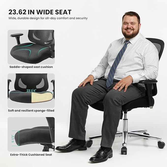 EUREKA ERGONOMIC Big and Tall Office Chair for Heavy People, Hoss 500lbs Heavy Duty Office Chair Mesh Ergonomic Desk Chair with Armrest, Rolling Chair with Wide Comfy Seat for Adult, Black
