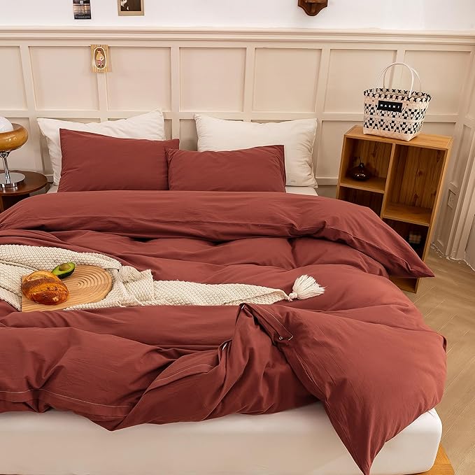 ECOCOTT Duvet Cover King Size - Linen Feel Organic Natural 100% Washed Cotton, Soft Breathable 3 Pieces Bedding Set with Zipper Closure, Burnt Brick Red