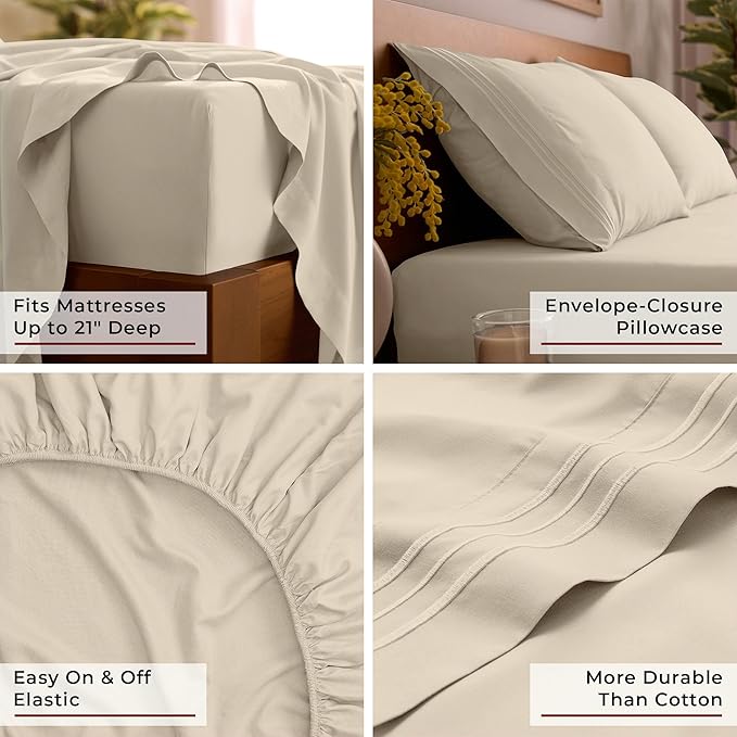 Mellanni Full Sheet Set - 6-Piece Iconic Collection Bedding, (Including 4 Pillowcases), 21-Inch Extra Deep Pocket, Easy Care, Ultra Soft, Cooling Sheets, Brushed Microfiber - Beige