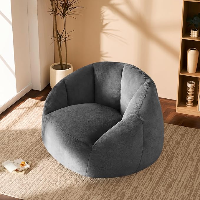 Swivel Giant Bean Bag Chair for Adults - Comfy Plush Round Shell Soft Accent Beanbag Chair, Oversized Cozy Floor Sofa Reading Chair for Living Room, Bedroom & Game Rooms, Gray