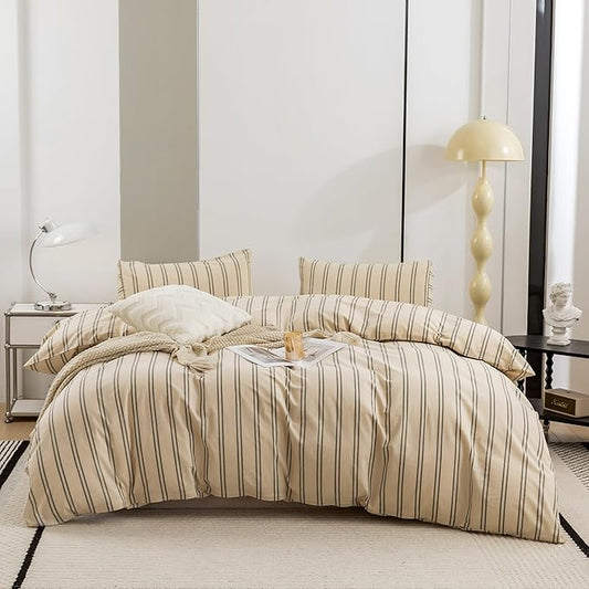 ECOCOTT Duvet Cover Full Size - Linen Feel Organic Natural 100% Washed Cotton, Soft Breathable & Durable Bedding Set, Comfy Stripe Design for All Seasons