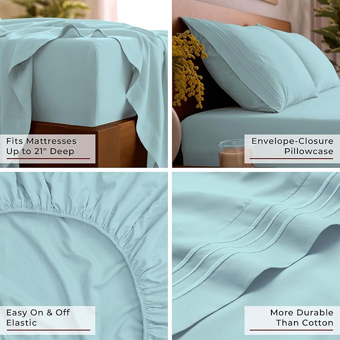 Mellanni California King Sheet Set - 6-Piece Iconic Collection Bedding, (Including 4 Pillowcases), 21-Inch Extra Deep Pocket, Easy Care, Ultra Soft, Cooling Sheets, Brushed Microfiber - Aqua
