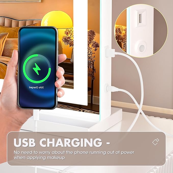 Hasipu Vanity Mirror with Lights and Bluetooth Speaker, 37" x 25.6" LED Makeup Mirror, Lighted Makeup Mirror with Dimmable 3 Modes, Touch Screen Control Vanity Mirror Square White