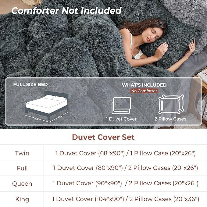 Sasttie 3-Piece Fluffy Duvet Cover Full, Ultra Soft Faux Fur and Velvet Grey Comforter Cover, Luxury Fuzzy Bedding Sets for Winter Bed, Includes 1 Duvet Cover and 2 Pillowcases, No Comforter