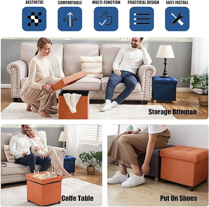 BRIAN & DANY Small Ottoman with Storage, Small Storage Ottoman, Folding Foot Stool with Wood Legs for Living Room and Bedroom Linen Rest Seat, 12.6"x12.6"x12.8" - Orange