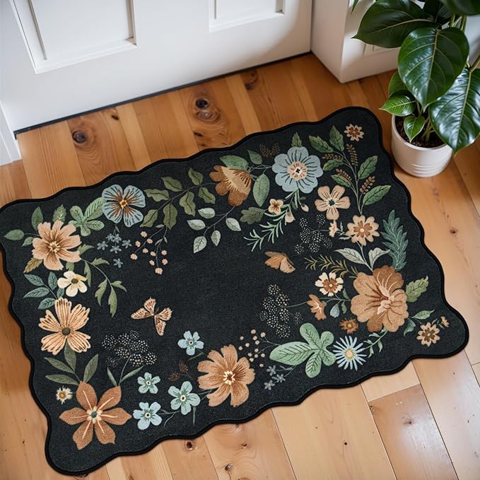 Lahome Floral Entryway Rug, 2X3 Washable Kitchen Rug Ultra-Thin, Non-Slip Soft Door Mat Indoor Entrance Stain Resistant Boho Small Low-Pile Throw Carpet for Bathroom Bedroom(2x3ft,Black/Grey)