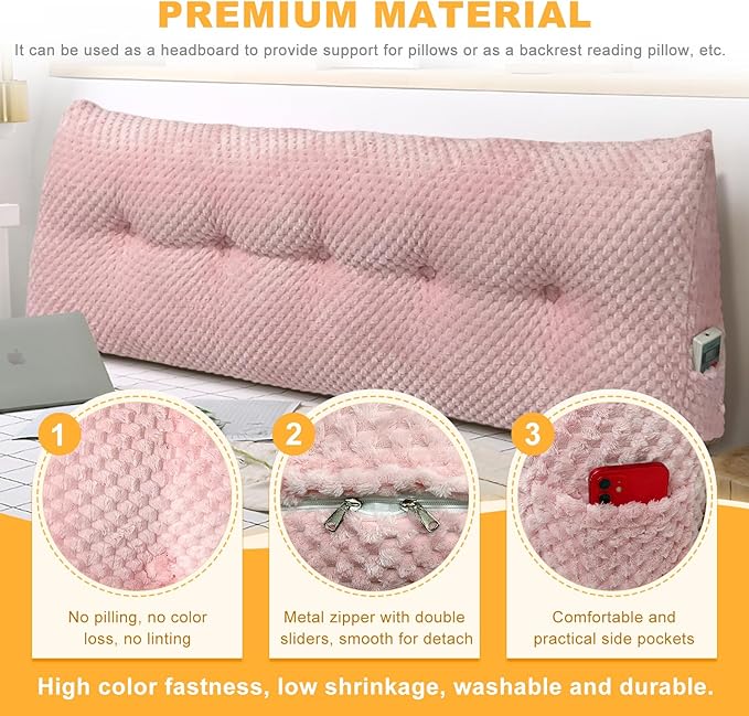 Large Triangular Headboard Wedge Pillow Soft and Supportive Headboard Backrest Positioning Support Bolster Cushion, Bed Wedge Pillow with Removable Cover(Pink,King,76x8x20inch)