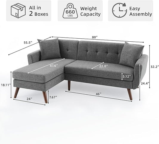 Tbfit L Shaped Couch Sofa, 80" W Mid-Century Modern Sectional Couches, 3 Seater Sofas with Wide Chaise Lounge, Button Tufted Upholstered Sectional Sofa for Living Room, Bedroom, Gray