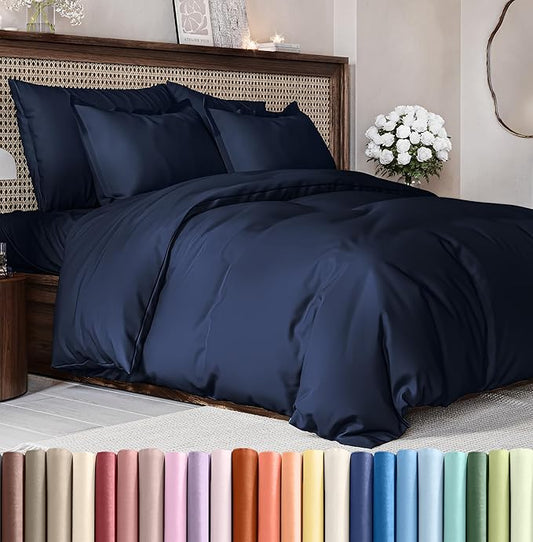 Duvet Cover Queen Size Set - Extra Soft Queen Size Duvet Cover 90 x 90 with 2 Pillow Shams - Hotel Luxury Easy Care and Fade Free w/Zipper Closures & Ties - Comfy Breathable Bedding Set (Navy Blue)