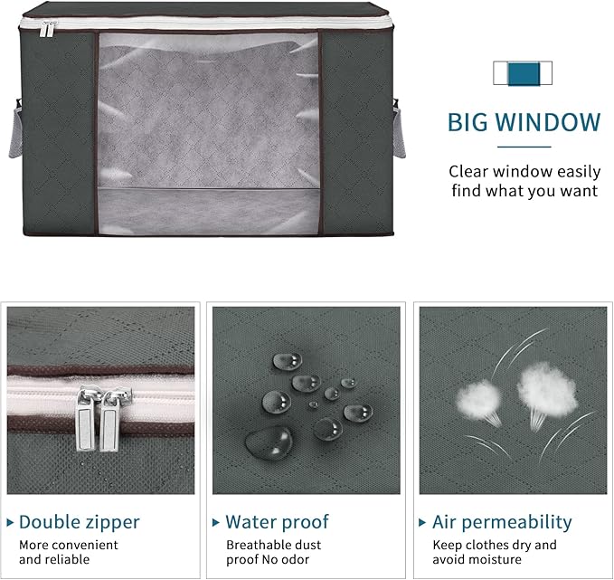 Large Storage Bags, 4 Pack Clothes Storage Bins Foldable Closet Organizers Storage Containers with Durable Handles Thick Fabric for Blanket Comforter Clothing Bedding 90 L (Gray)