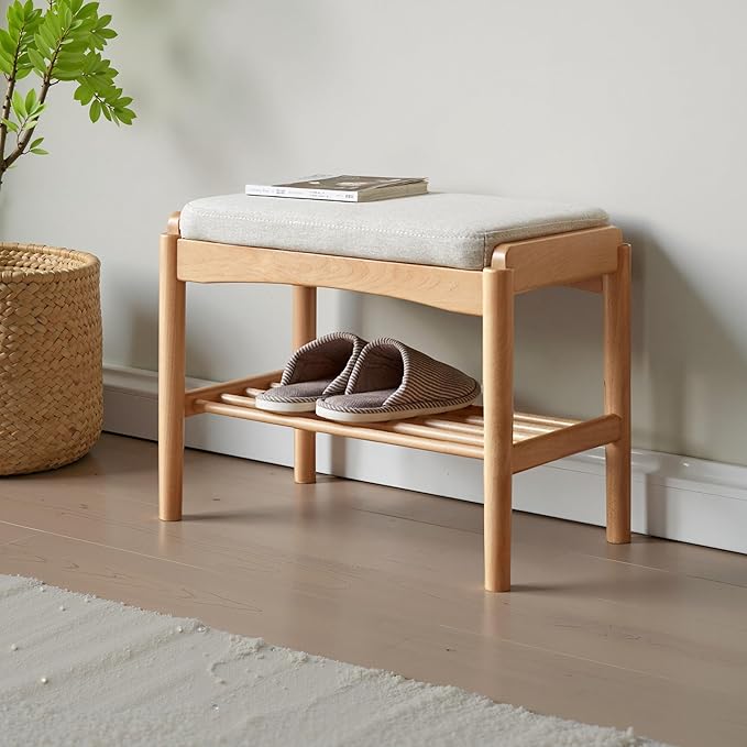 Solid Wood Shoe Bench Assembled, Shoe Rack Bench with Cushion for Entryway, Living Room, Bedroom, Hallway, 11.8" x 17.7" x 16.5", Natural