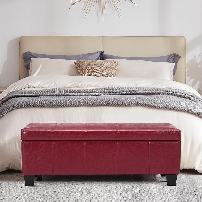 Faux Leather Storage Ottoman Bench with Hinged Lid,42 Inch Large Rectangular Footrest Stool for Bedroom End of Bed, Entryway and Living Room, Padded Seat Shoe Bench, Wine Red