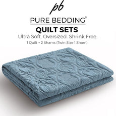 Pure Bedding Quilt Set King/Cal King/California King Size Ash Blue - Oversized Bedspread - Microfiber Coverlet - Includes 1 Quilt and 2 Shams, Ocean Star Pattern