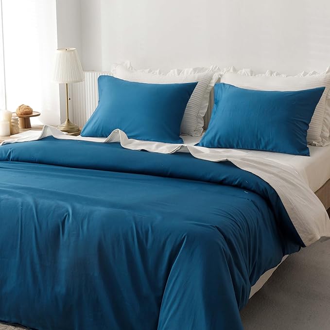 HeimenAogo Egyptian Cotton Duvet Cover King Size Sateen Weave, Silky Soft and Breathable Bedding Set with Zipper Closure, Long Staple Cotton Bed Linen Deep Water Blue 3Pcs