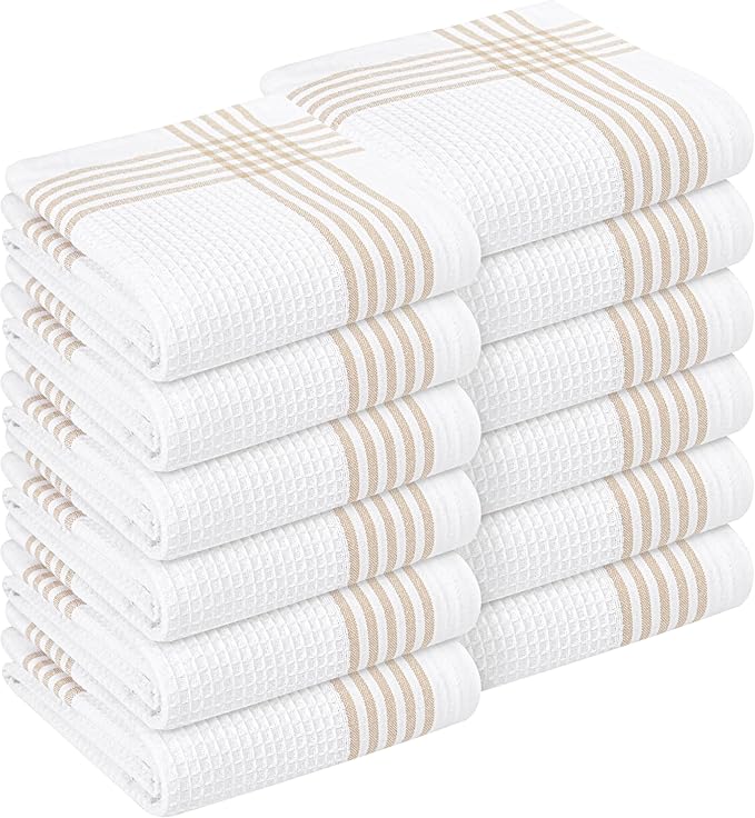 Beige and White Waffle Kitchen Towels 12 Pack, 100% Cotton, 16x26 Inch, Ultra Absorbent, Fast Dry Dish Towels, Reusable Dishcloths for Drying, Cleaning, Kitchen Use