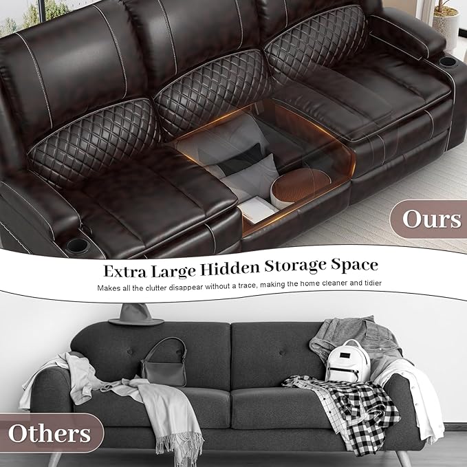 3-Seater Recliner Sofa, Manual Reclining Couch with Multi-Functional Middle Seat, Reclining Sofa for Living Room with Hidden Storage Space, Cup Holders, and Removable Console - PU Brown