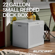 Suncast 22-Gal. Waterproof Resin Small Outdoor Patio Deck Box with Reeded Design, Modern Outdoor Patio Bench/Storage Box for Cushions, Garden Tools, and More, French Gray