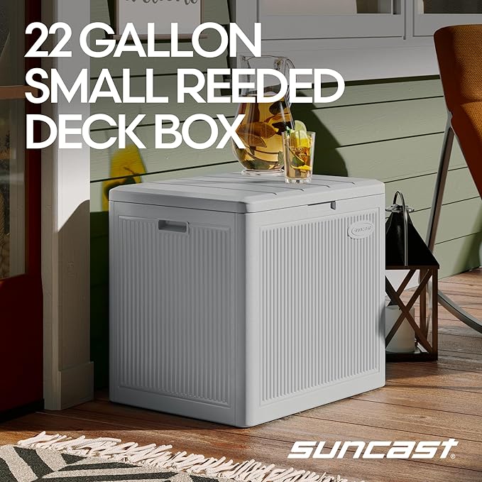 Suncast 22-Gal. Waterproof Resin Small Outdoor Patio Deck Box with Reeded Design, Modern Outdoor Patio Bench/Storage Box for Cushions, Garden Tools, and More, French Gray