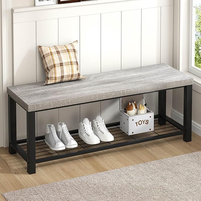FOLUBAN Entryway Bench, Vintage Wood and Metal Storage Bench with Metal Shelf, Indoor Shoe Rack Bench Seat for Living Room, Bedroom, Hallway, Entrance, Light Grey, 47 Inch
