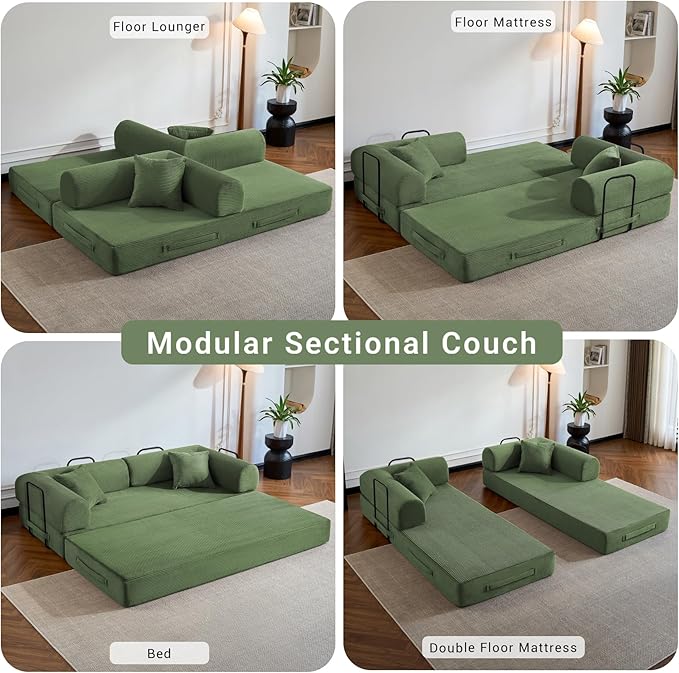 Compressed Sofa, Convertible Sofa Bed, Corduroy Compression Boneless Couch with Pillow, Comfy Modular Foldable Floor Sleeper Sofa for Bedroom, Living Room, Lounge, Studio (Olive Green)