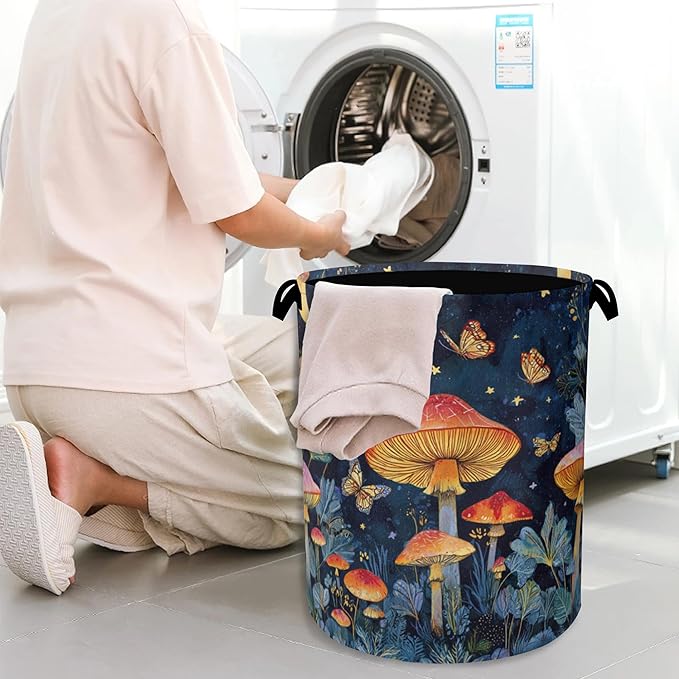 Mushroom Laundry Basket,Butterfly Moon Foldable Oxford Cloth Tote Bag Laundry Hamper Clothes Storage Bucket Organizer for Bedroom Laundry Storage Dormitories 16" x 20.8"