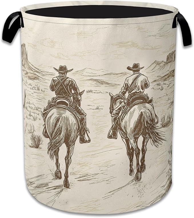 Western Cowboy Laundry Hamper With Handle,Foldable Oxford Cloth Horse Desert Laundry Basket,20.8"x16" Clothes Storage Basket for Laundry Room/Bedroom/Bathroom