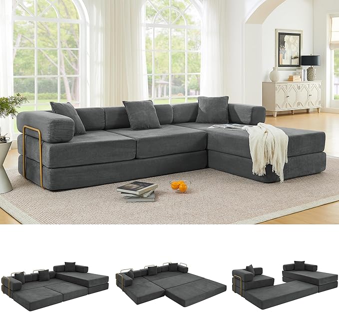 108" Oversized Convertible Sleeper Sofa Bed, Corduroy L Shape Sectional Couch, Folding Sofa Bed with Fixed-Shape Frame, Modern Cloud Floor Mattress Couch, Modular Sofa for Living Room, Grey