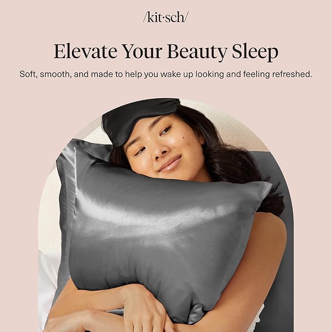 Kitsch Satin Pillowcase with Zipper for Hair & Skin, Softer Than Silk Pillow Cases Queen Size Set of 2, Wrinkle-Free, Smooth and Cooling Satin Pillow Covers, Standard Size 19"x26" - Charcoal, 2pcs
