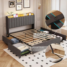 Full Bed Frame with 4 Drawers and Storage Headboard, Upholstered Platform Bed Frame Full Size with Led Lights and Handy Charging Station, No Box Spring Needed, Easy Assembly, Noise Free, Gray
