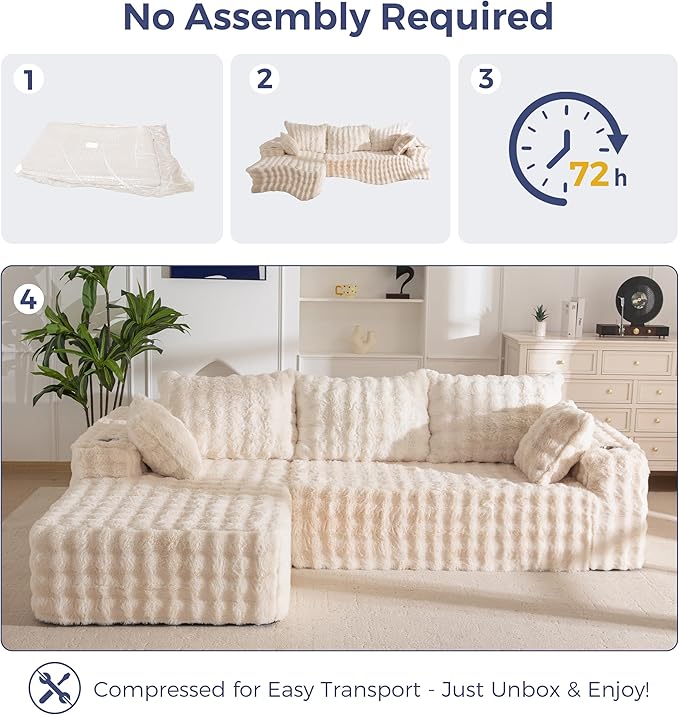 MAXYOYO 104" Modular Sectional Couch with L-Shape Chaise, Modern Boneless Couch for Living Room, Sofa in A Box, Faux Fur Sofa Sleeper with Deep Seat, No Assembly Required, Beige