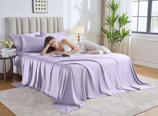Pure Bamboo Queen Sheets, Genuine 100% Organic Viscose Derived from Bamboo Bed Sheet Set, Luxuriously Soft & Cooling, Double Stitching, 2 Year Quality Promise (Queen, Lavender)