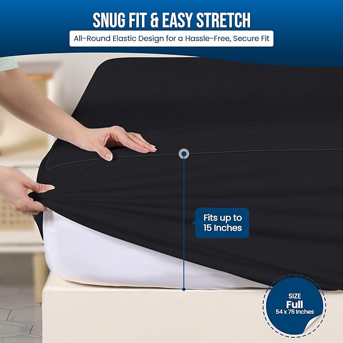 Utopia Bedding Waterproof Mattress Protector Full Size, Premium 200 GSM Terry Mattress Cover, Soft & Breathable Bed Cover, Fitted Sheet Style with Stretchable Deep Pockets 15" (Black)