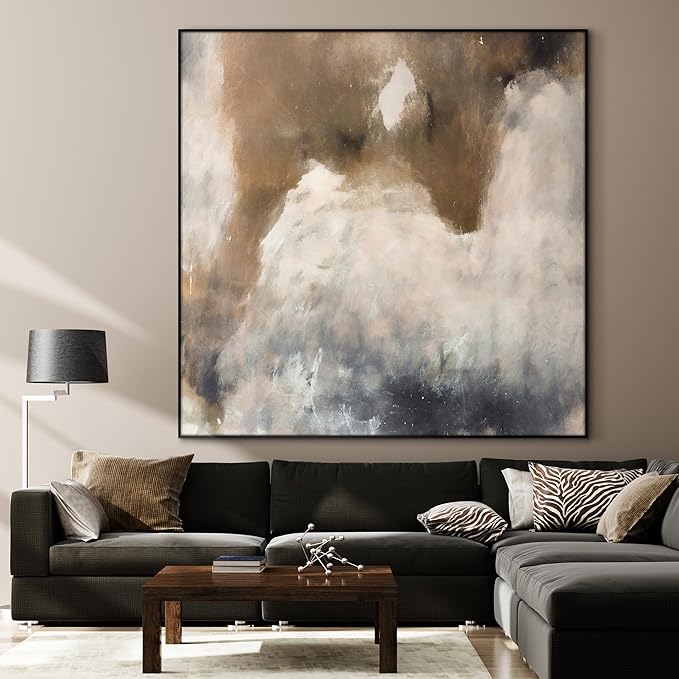 60"x60" XL Framed Wall Art - Rustic Faded White and Brown Abstract Texture (Frame Assembly Required)