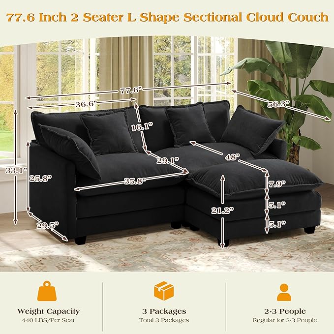 77.6" Modular Sectional Sofa,Loveseat Couch for Living Room, Modern Deep Seat Sofa 2 Seater Chenille Fabric Comfy Cloud Couches with Throw Pillows & Ottoman for Apartment,Small Spaces