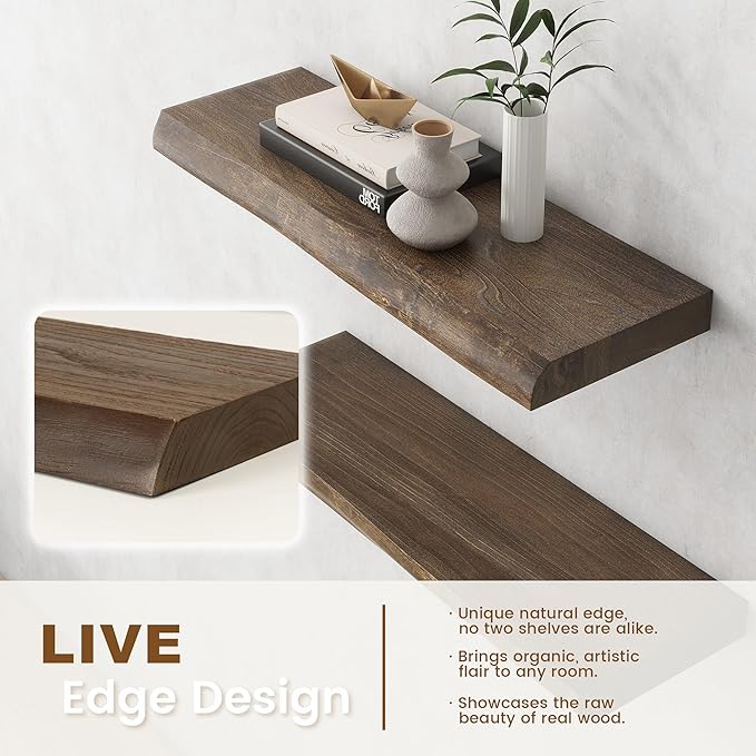 Live Edge Elm Floating Shelves for Wall Decor, Rustic Solid Wood Shevles Wall Mounted with Invisible Bracket for Living Room Bathroom Bedroom Kitchen, 36 Inch Set of 2, Walnut
